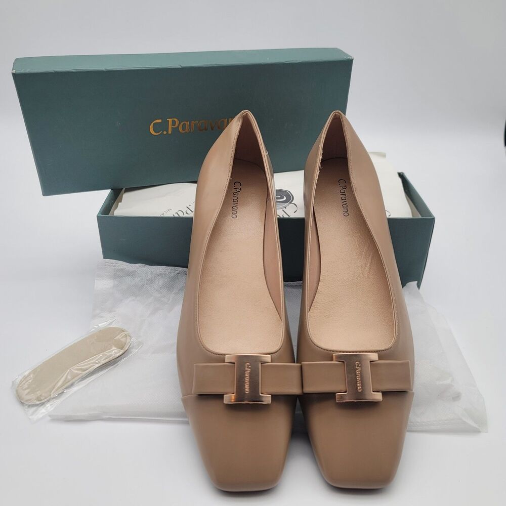 C.Paravano Flats Women Shoes US 11.5 EUR 42 Camel Beige Square Toe Metal Buckles